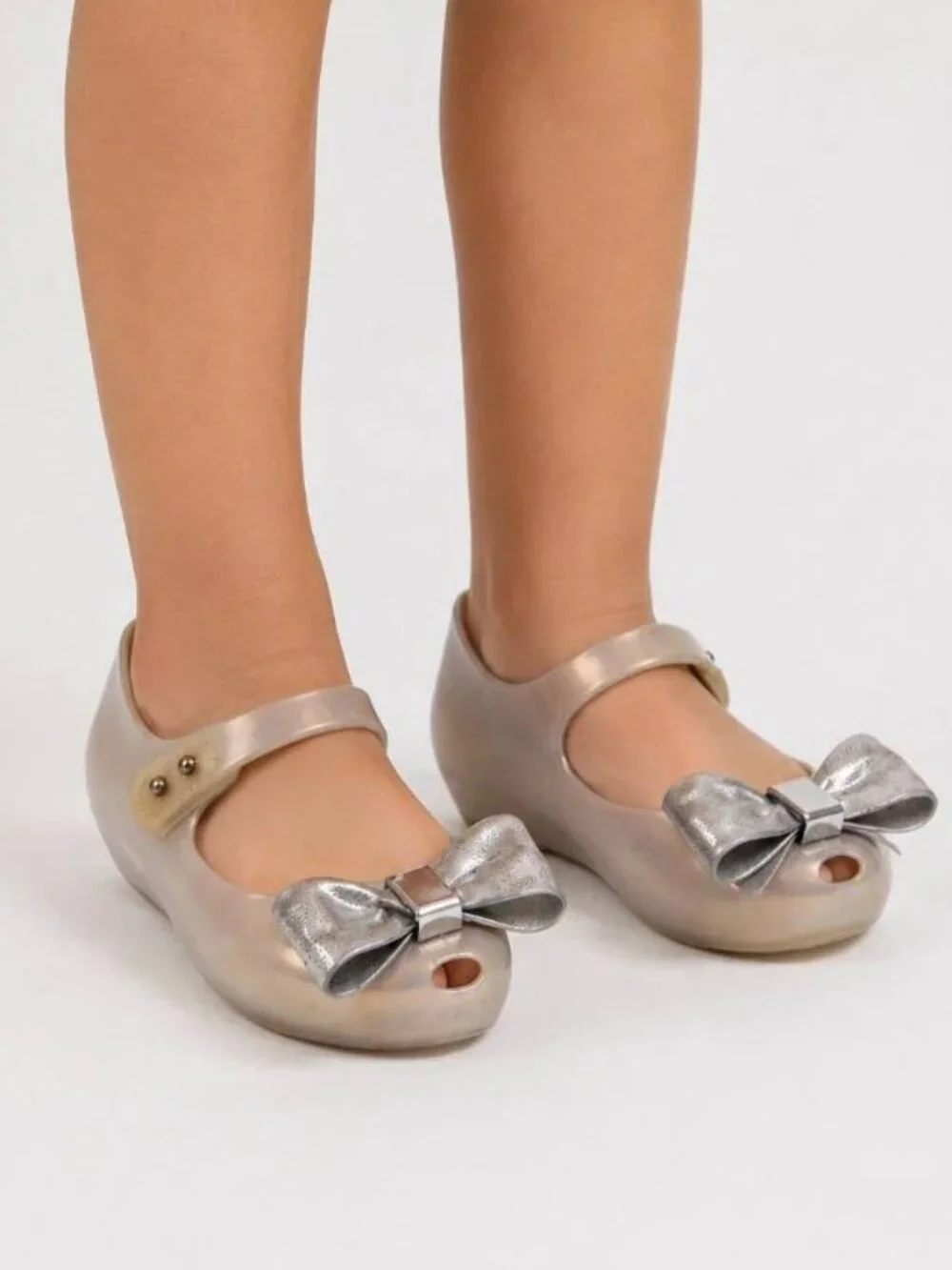 Mini Melissa Kids Ultragirl Sweet Pearlescent Silver Bow Mary Jane Flats Size 8